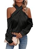 WDIRARA Women's Criss Cross Cold Shoulder Shirt Top Long Sleeve Halter Satin Blouse Tops Black S