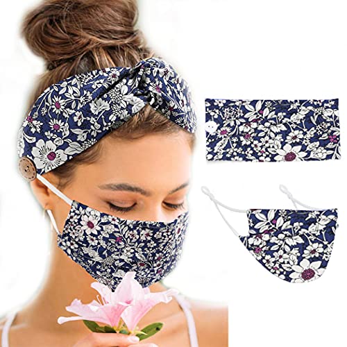 Morebrave Button Headband Set Mouth Cover Flower Face Mouth Criss Cross Head Wrap Headpiece Printed Hair Scarf Stylish Hair Scarve Elastic Turban Hair Accessories for Women and Girls (Blue)