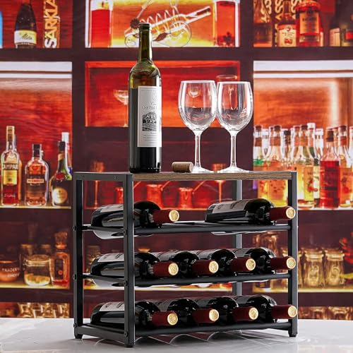 Wine Racks Countertop with Top Tray - Stackable Freestanding Floor Wine Holder - 12 Bottle Wine Bottle Storage Organizer - 3 Tier Wooden Metal Stand for Pantry Home Cabinet Bar Counter - Image 4