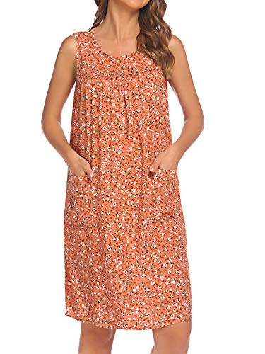 POGT Womens Sleeveless Floral Printed House Dress Pocket Casual Sundress Brown