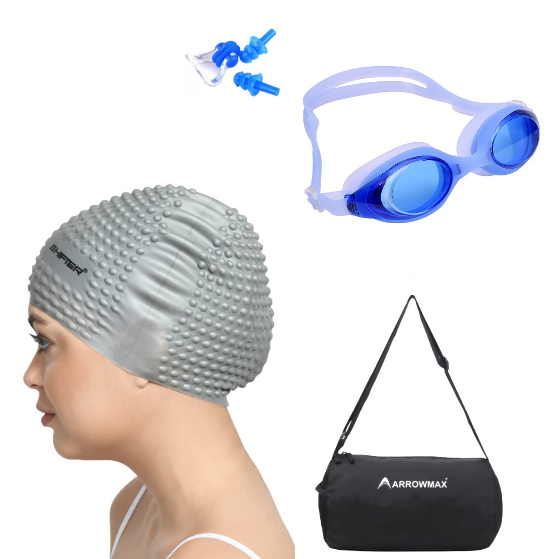 ArrowMax Swimming Kit For Kids And Adult Anti Slip Swimming Cap Silicone | Swimming Goggles Antifog | Earplug And Noseplug Set With Swimming Bag (Grey) (B0C371MBCK) Amazon Price History, Amazon Price Tracker