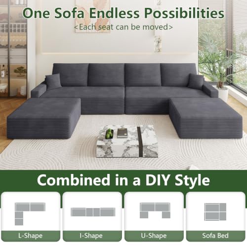 Image of Oversized Modular Sectional Sofa Couch,Large 6 Seater Corner Sofa Modern U Shaped Sectional Couch with Ottoman Cloud Couches for Living Room,Office,Spacious Space,Corduroy,No Assembly,Dark Grey