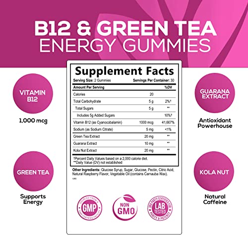Energy Gummies Vitamin B12, Green Tea & Natural Caffeine Support, Extra Strength 1000 mcg Daily Energy Vitamins, Delicious Berry Flavor Gummy Chewable Supplement for Runners Women & Men - 60 Count - Image 3