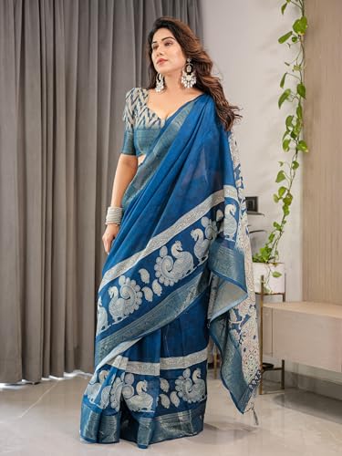 Image of ALMAARI FASHION Handloom Cotton Saree, Teal Blue with Silver Zari Border, Traditional Floral Print, 5.5 Metres with Blouse Piece