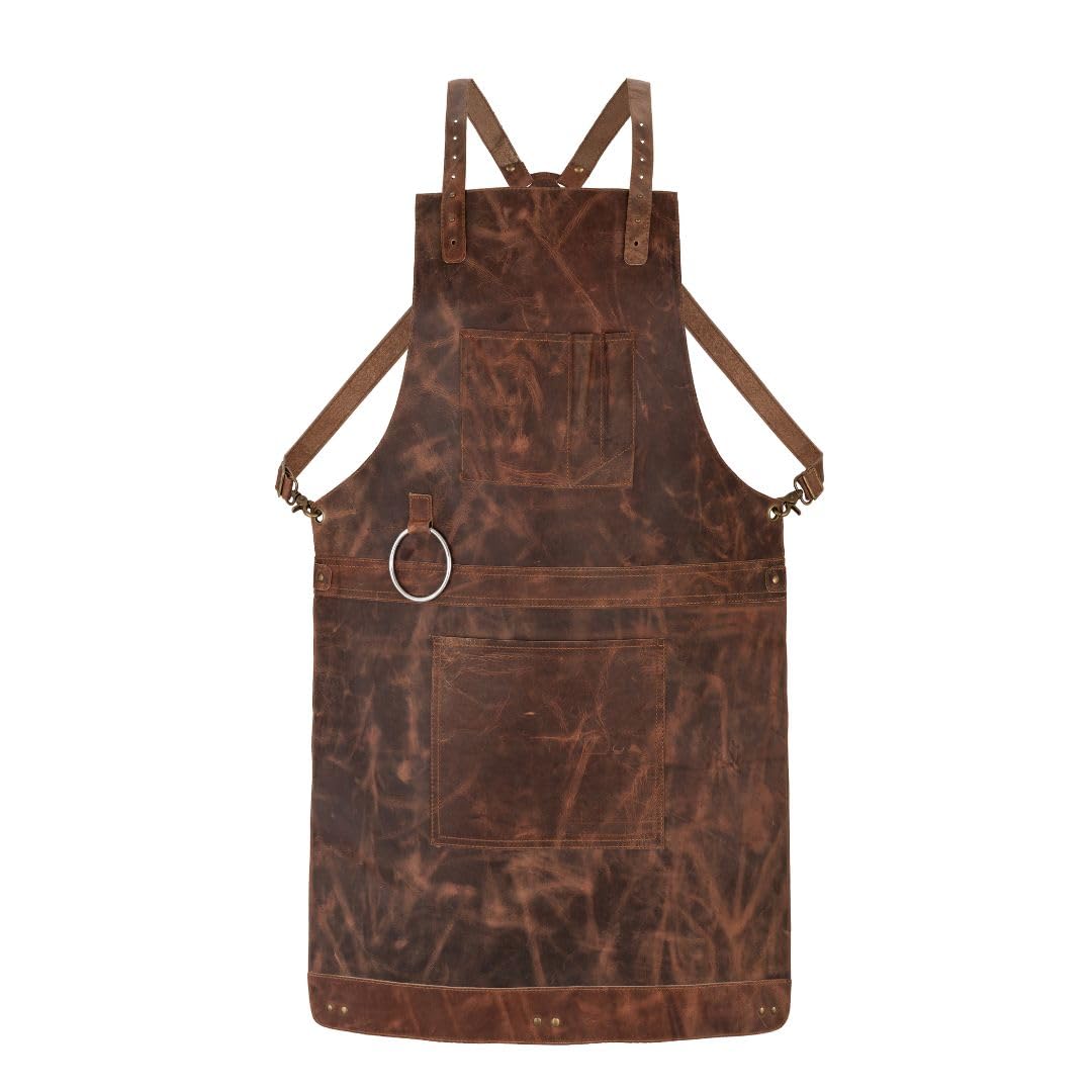 Crazy Horse Pull up Crossbody Leather apron Butcher, Cook, BBQ Grill, Chef, Woodwork, Apron (Dark Brown)