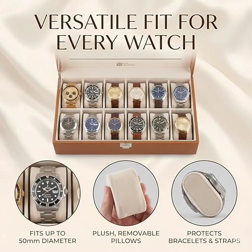 Image of Folk Creations Watch Box Organizer for Men & Women - 12 Slot Double Layer Luxury Watch Case, Premium PU Leather Jewelry Display Case with Transparent Top, Large Watch Holder & Tray Storage (Tan)
