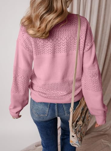 Image of SHEWIN Women's Sweaters Casual Long Sleeve V Neck Crewneck Lightweight Crochet Pullover Sweater Tops