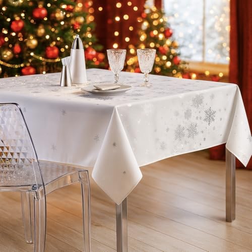 Nappe de Noël rectangulaire blanche 150x350cm anti-taches motif Argent Constellation - 4
