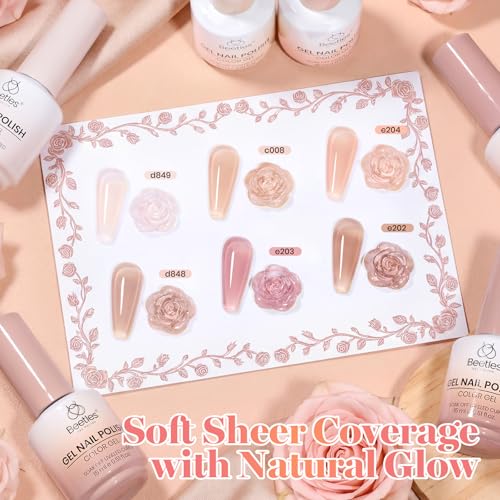 Image of Beetles Nude Gel Nail Polish Set - Earthy Rose 6 Colors 15ML Full Size Nude Pink Brown Neutral Jelly Gel Polish Kit Sheer Translucent Effect Soak Off UV Nail Art Design Manicure Gift for Women