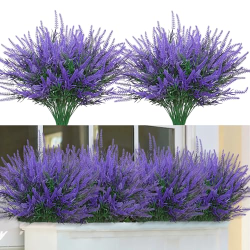 DEMIUKO 10 Bundles Artificial Lavender Fake Flowers Faux Plastic Plants UV Resistant Purple Flowers Artificial Plants for Home Wedding Table Centerpieces Indoor Outdoor Decor (Purp image 6