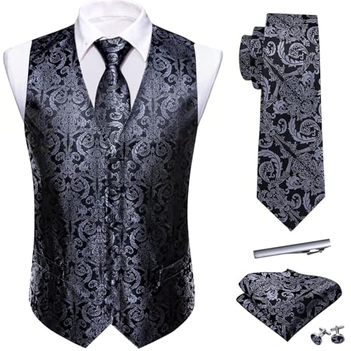 Image of Barry.Wang Men's Suit Vest Formal /Leisure Paisley Jacquard Silk Tie Pocket Square Waistcoat Set Wedding 5PCS