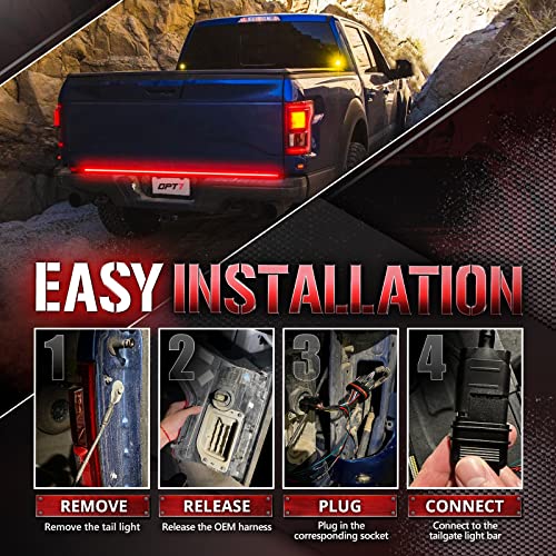 OPT7 Plug'n'Play Bundle for 2015-2020 F150 w/Blind Spot Monitor – 60" Redline Triple Row LED Tailgate Light Bar w/Sequential Red Turn + Easy Connect Harness