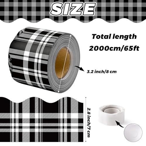 Image of BeYumi Black Plaid Border Trim - 65ft Back to School Classic Black and White Plaid Scalloped Rolled Border Trim Checkered Bulletin Board Set School Classroom Office Chalkboard Wall Holiday Party Decor