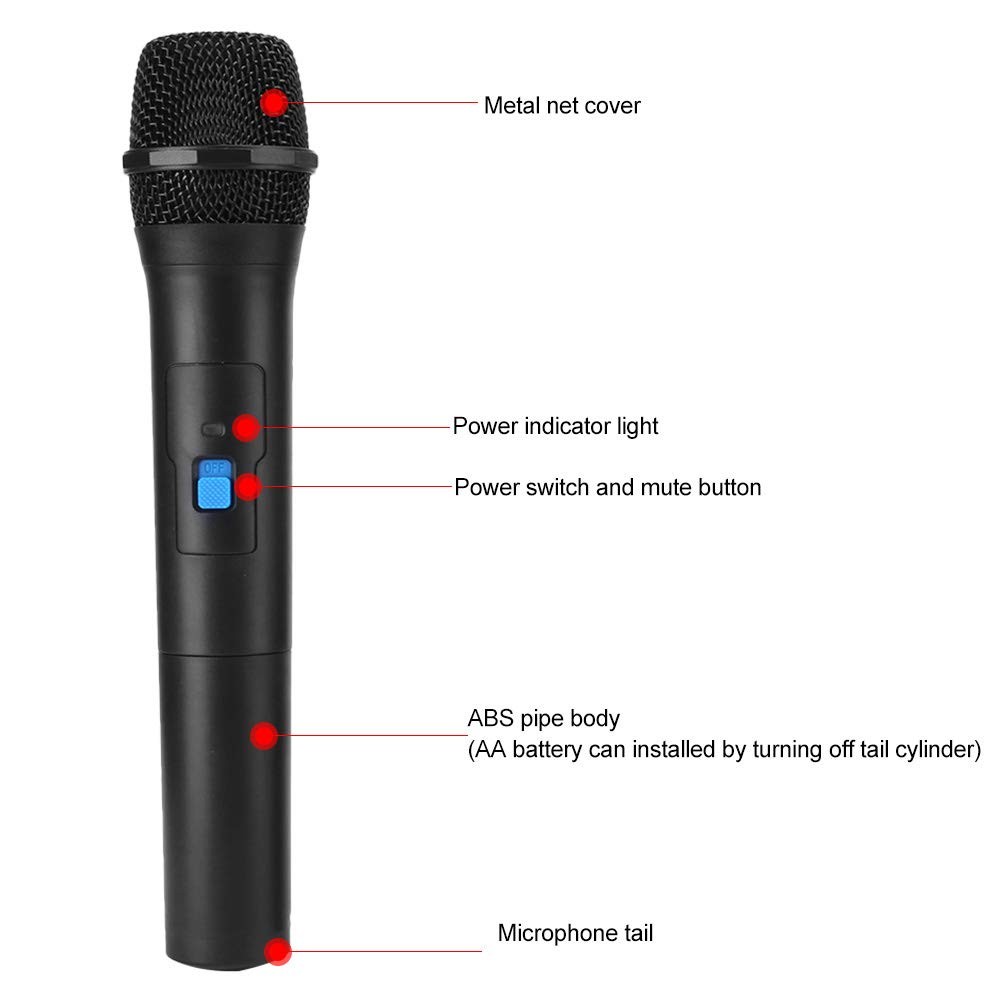 Micrófono de mano inalámbrico, profesional 2 en 1 VHF universal USB receptor de bolsillo micro, para karaoke, canto Ktv familiar, fiestas, discursos, para Android/iPhone/PC/ordenador portátil(Negro)