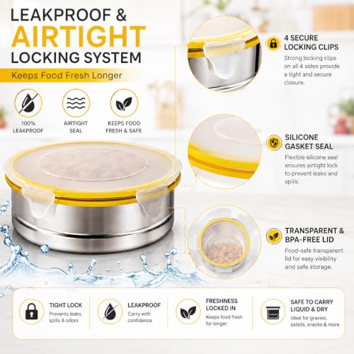 Image of Stainless Steel Airtight Round Container with Leak Proof Lid | BPA Free Food Storage Lunch Box Dabba for Office College School Home Travel | Tiffin Box (6 x 15.50 cm Size) | Pack of 2,Yellow