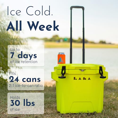 Image of Laka Cooler with Wheels - 30QT Rotomolded Insulated Rolling Hard Cooler, Telescoping Handle, Holds 24 Cans + Ice, Up to 7 Days Cold, Drain Plug, Cup Holders + Bottle Opener, Beach /Camping /Boat