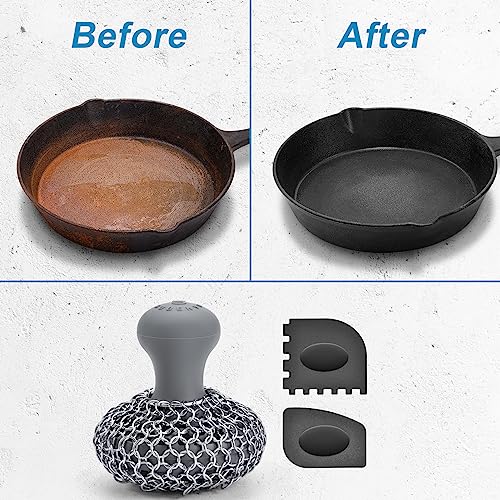Image of SUBEKYU Cast Iron Scrubber Kit, Stainless Steel Cast Iron Skillet Cleaner, Chainmail Scrubber with Scraper Tool for Cast Iron Pans /Grill Nets /Sinks, Grey, 1 Set