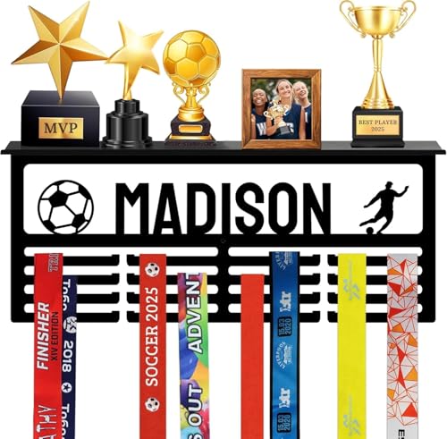 Image of Personalized Medal Hanger Display with Trophy Shelf | Custom Name, 3 Sizes, 3 Colors & 100+ Sports Icons Baseball, Football, Dance, Gymnastics, Running, Soccer & Swimming