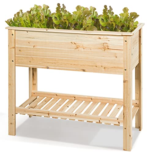 RELAX4LIFE Cama Elevada de Flores de Madera de Abeto con Estante, Huerto Urbano con Gran Superficie de Plantación para Verduras, Frutas y Hierbas, Mesa de Cultivo para Jardín, Balcón (92 x 41 x 81cm)