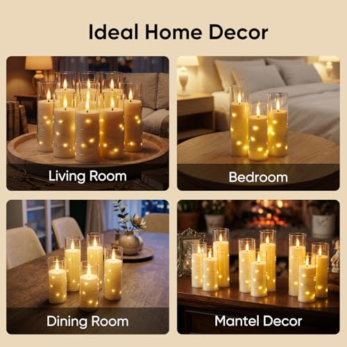 Image of Homemory Flameless Candles with Remote Timer, Clear Acrylic Flickering LED Pillar Candles with Embedded Fairy String Lights, Battery Operated Candles for Wedding Fireplace Lantern Home Decor, Set of 9