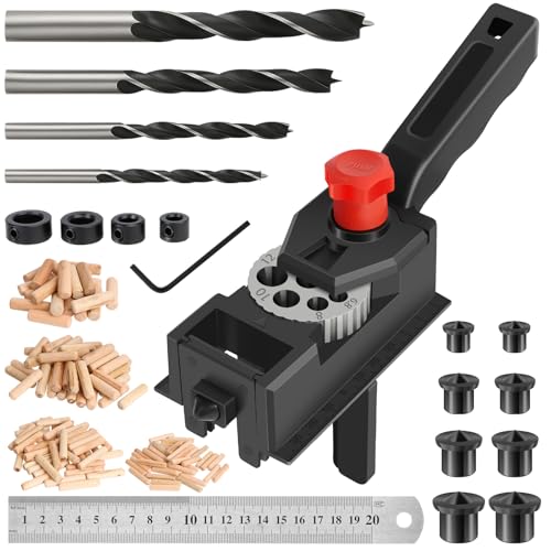 170 Stück Holzdübel Bohrschablone Set – 10 Löcher Bohrschablone(6/8/10/12mm) mit Lineal, Bohrer, Holzdübel, Begrenzungsring und Zentrierspitze für kleine handwerkliche Projekte geeignet