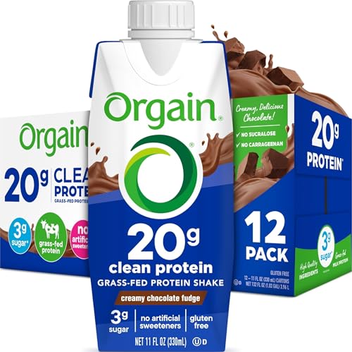 Image of Orgain 20g Clean Grass Fed High Protein Shake, Chocolate, 11 oz, 12pk | Ready to drink dairy grass fed high protein, non-GMO, no soy ingredients, gluten-free, kosher, low net carbs