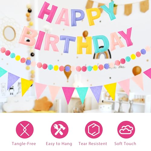 Image of CANREVEL Pre-Strung 3D Happy Birthday Banner, 3 PCS Happy Birthday Felt Garland, Pom Pom Garland, Triangle Fabric Garland Bunting, Reusable Birthday Decorations for Women Men Girls Boys, Pastel Candy