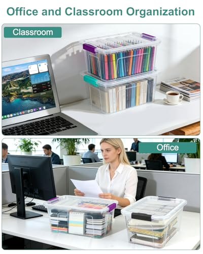 Image of Storage Bins with Lids 6 Pack Clear Storage Containers, 7 Quart Stackable Plastic Containers with Secure Buckle Latch, Durable Storage Box Organizer for Pantry, Closet, Office & Classroom, Blue