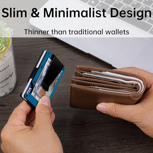 Image of Minimalist Carbon Fiber Wallet for Men, Money Clip Cash Strap Wallet, RFID Blocking Metal Wallet Aluminum Card Holder,Front Pocket Wallet(Matte Blue)