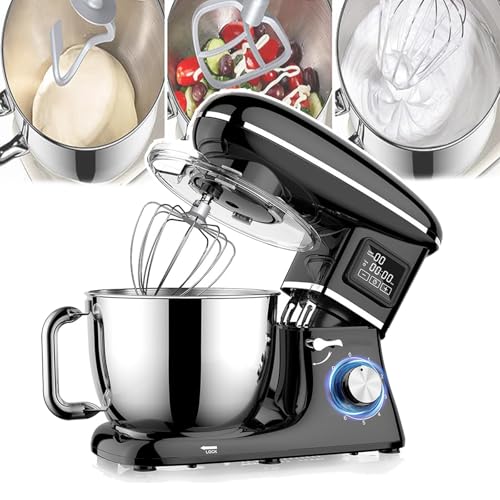 Batidora de pie para hornear de 6,2 L (gancho para masa), batidora eléctrica de pie, con pulso, cuenco de acero inoxidable + protector de salpicaduras extraíble, pantalla LED, fácil de limpiar, para