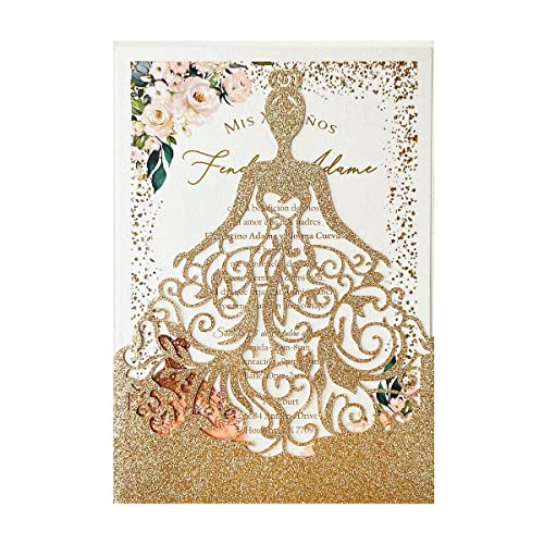 Invitaciones de quinceañera de alta calidad con bolsillo de princesa cortado a láser y brillo