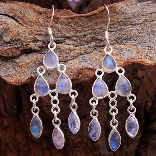 Moonstone Gemstone 925 Sterling Silver Chandelier Earrings For Women And Girls, Bezel Set Ear Wire Earrings, White Bridesmaid Earrings Christmas Day Gift #TOP2