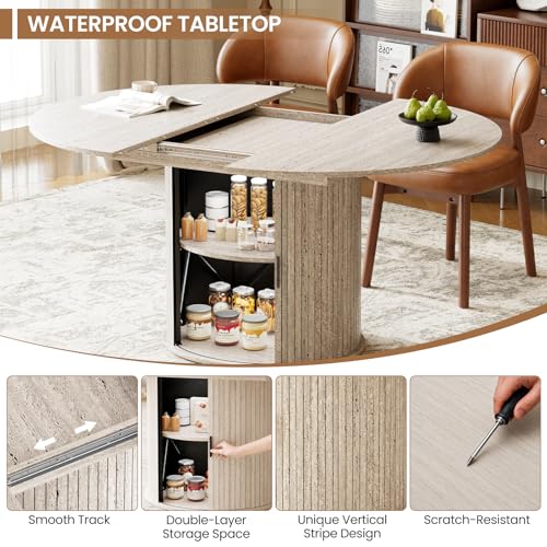 Image of MALOL 47 inch-63 inch Extendable Round to Oval Dining Table Chairs Set for 4-8, Modern Wooden Kitchen Table and Chairs with Hidden Storage and Fluted Design for Dining Room /Small Space(White and Brown)