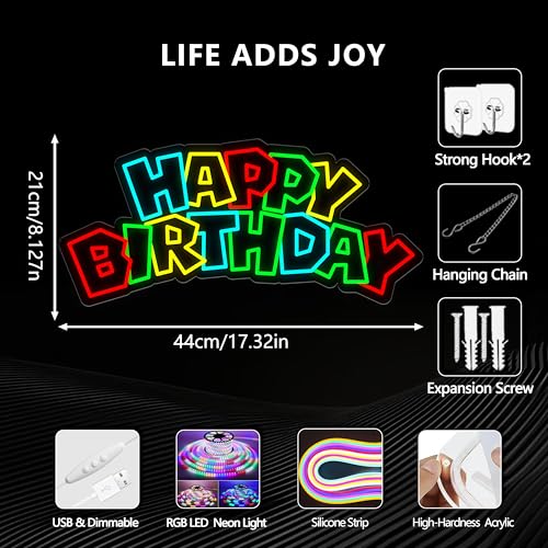 Image of Happy Birthday Neon Sign for Party Decor - LED Happy Birthday Light Up Sign, Dimmer & USB Powered Neon Sign for Backdrop, Birthday LED Lights for Birthday Party Decoration, 17.3 inchx 8.3 inch