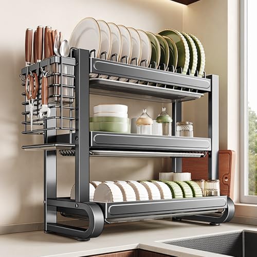 Escurridor de platos de acero inoxidable de 2/3 niveles con cesta de cubiertos extraíble, almacenamiento de encimera que ahorra espacio para cocina
