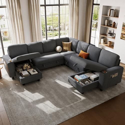 Image of LINSY HOME Sectional Sleeper Sofa with Pull Out Couch Bed - Convertible Plush Corduroy Cloud Couch with Storage Chaise & USB Charging, Comfy Modular Couches for Living Room, Grey