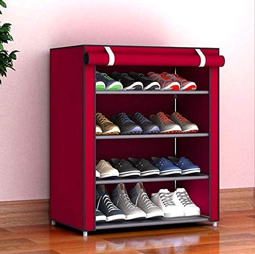 Zizer 4-Tier Multi-Purpose Shoe Rack Storage Organizer Cabinet Tower with Iron and Nonwoven Fabric and Zippered Dustproof Cover (Maroon)