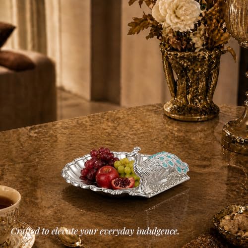 Image of Diviniti German Silver Peacock Decorative Bowl with Blue Enamel Design | Luxury Silver Plated Dry Fruit & Sweet Serving Tray for Home Decor, Dining Table, Festive Gifting with Box Wedding Decor Style.