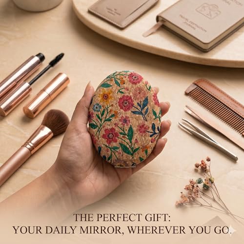 Image of Floral Cork Compact Mirror for Women | Oval Dual-Sided Folding Makeup Mirror | Portable Travel Pocket Mirror with Magnifying Mirror | Lightweight Cosmetic Mirror for Purse & Handbag (Floral)