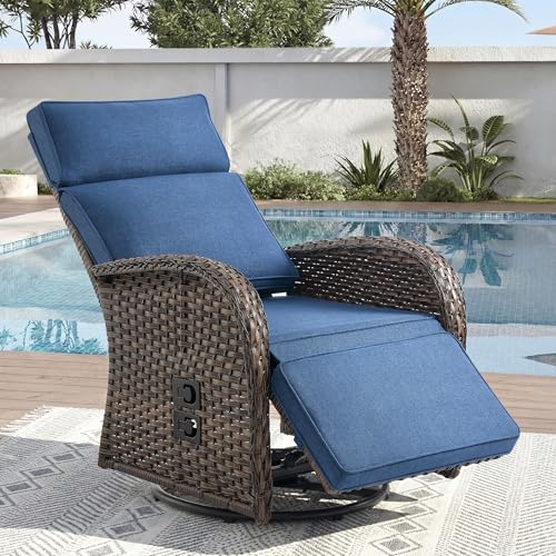 Jelwaly Zero Gravity Patio Swivel Recliner Chair - Wicker Outdoor Lounge Chair with Adjustable Backrest & Footrest, All Weather Reclining Chairs with Thick Cushion for Pool Deck Blue