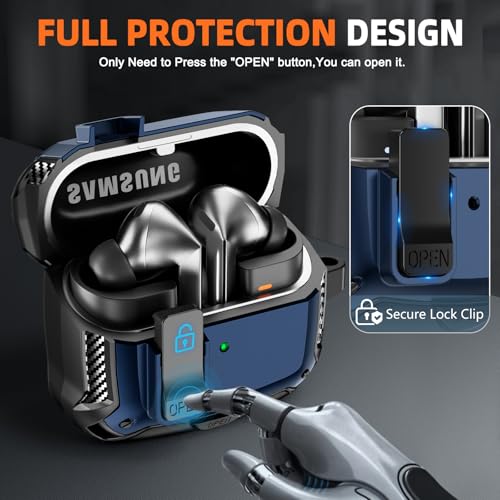 Image of Safety Lock Case for Samsung Galaxy Buds3 FE /Pro /3 (Blue) | Compatible with MagSafe, with Phone Stand& Cleaning kit,Keychain,