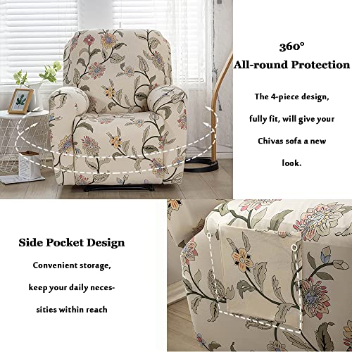 Highdi Recliner Chair Covers with Pockets for Electric Chair 4 Pieces Floral Stretch Recliner Sofa Slipcovers Non Slip Reclining Sofa Cover Furniture Protector(Beige Classic) - Image 3