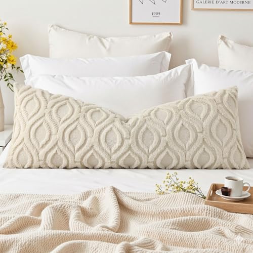 Image of decorUhome Fall Lumbar Pillow Cover 14x36 Inch, Ultra Soft Plush Decorative Faux Fur Beige Solid Couch Pillow Cover, Accent Farmhouse Neutral Rectangular Pillow Case for Sofa Bed Living Room