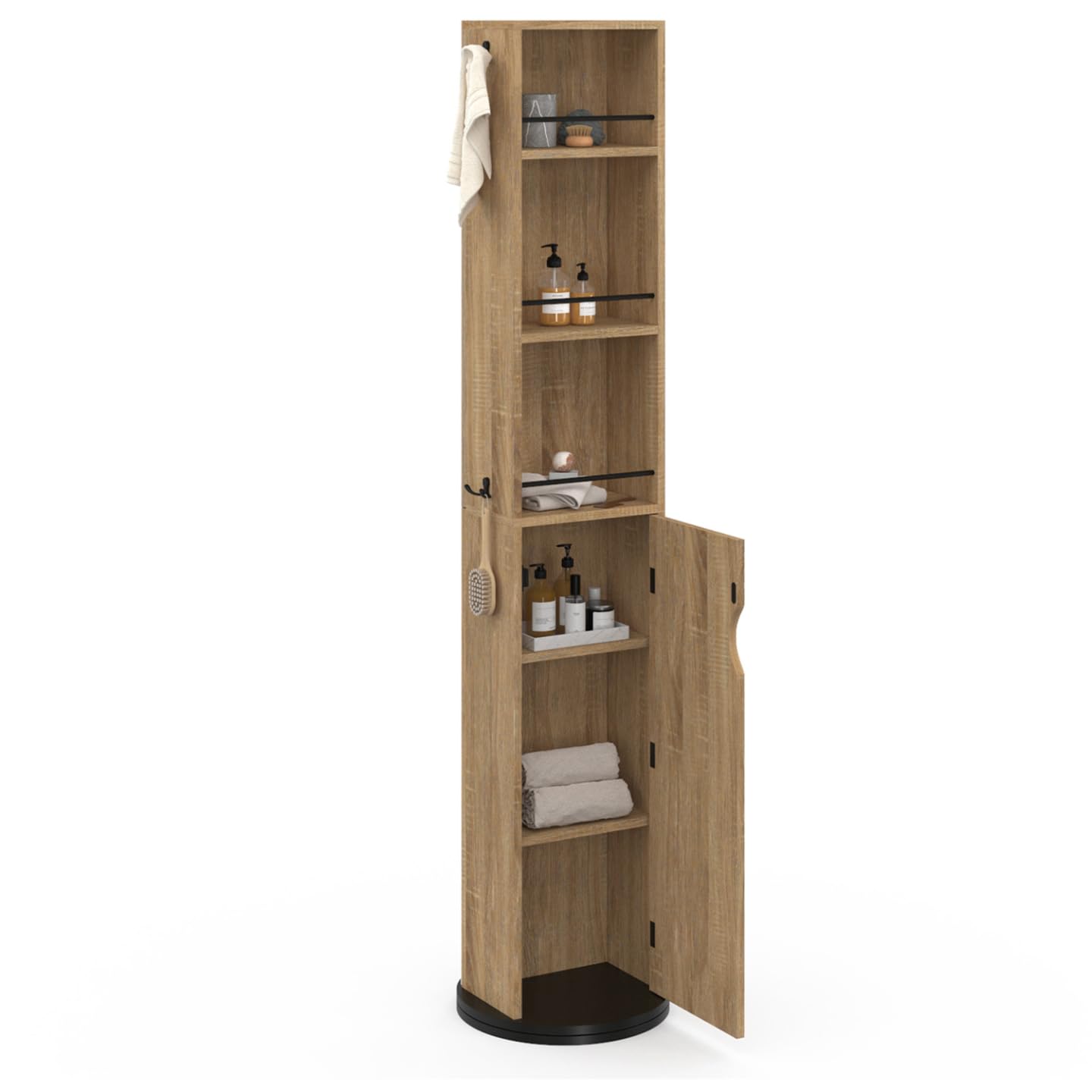 IDMarket - Meuble colonne pivotante de salle de bain avec miroir, placard et étagères hêtre et noir ELIA