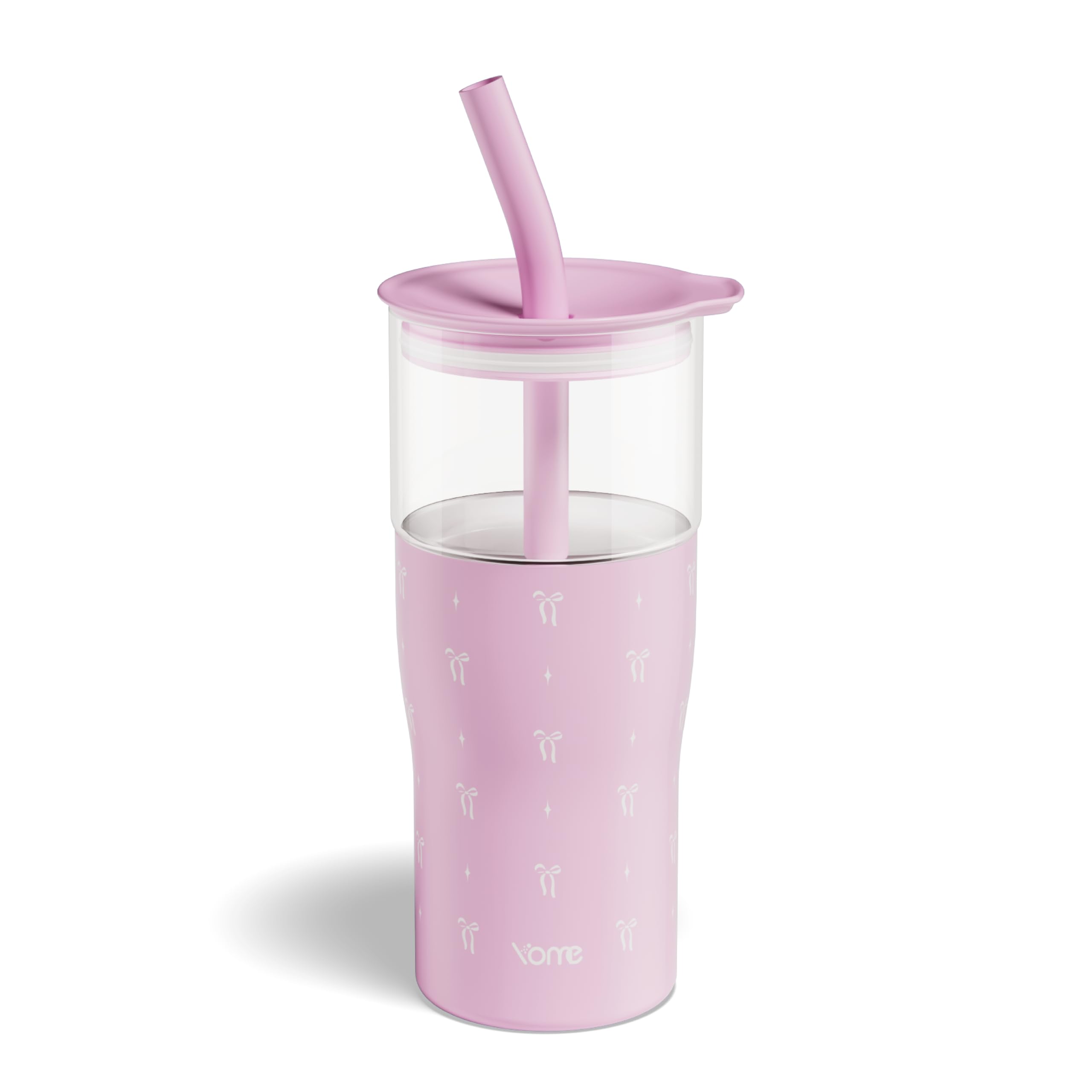 YOME 20oz Elegant Bow Pink Insulated Glass Tumbler with Lid &amp; Straw for Women Gift | Stainless Steel Iced Coffee Cup | Keep Drinks Cold |Cupholder Friendly |Ideal for Iced Coffee, Smoothies &amp; Boba