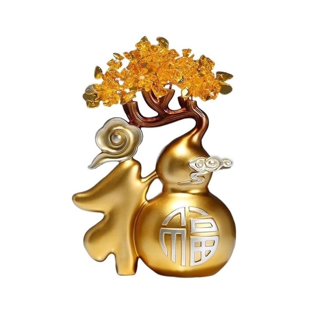 Gemstone Tree Fook Wealth Prosperity Crystal Fortune Tree, Feng Shui Balancing Gourd Home Ornament Crystal Decor(Gold)