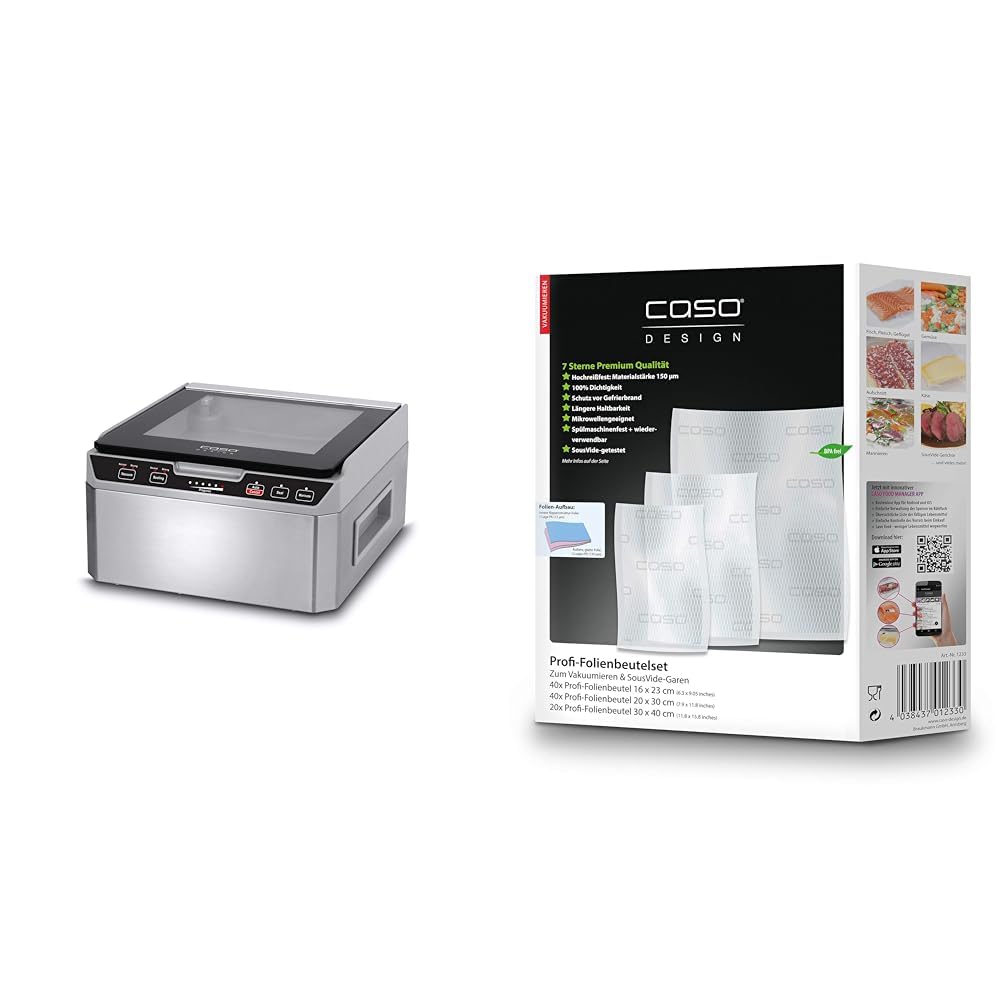 Caso VacuChef 40 - Kammervakuumierer aus Edelstahl, 3L Vakuumkammer 70 Liter/Minute & Profi- Folienbeutel Set 5/40 St. 16x23 cm, 40 St. 20x30 cm