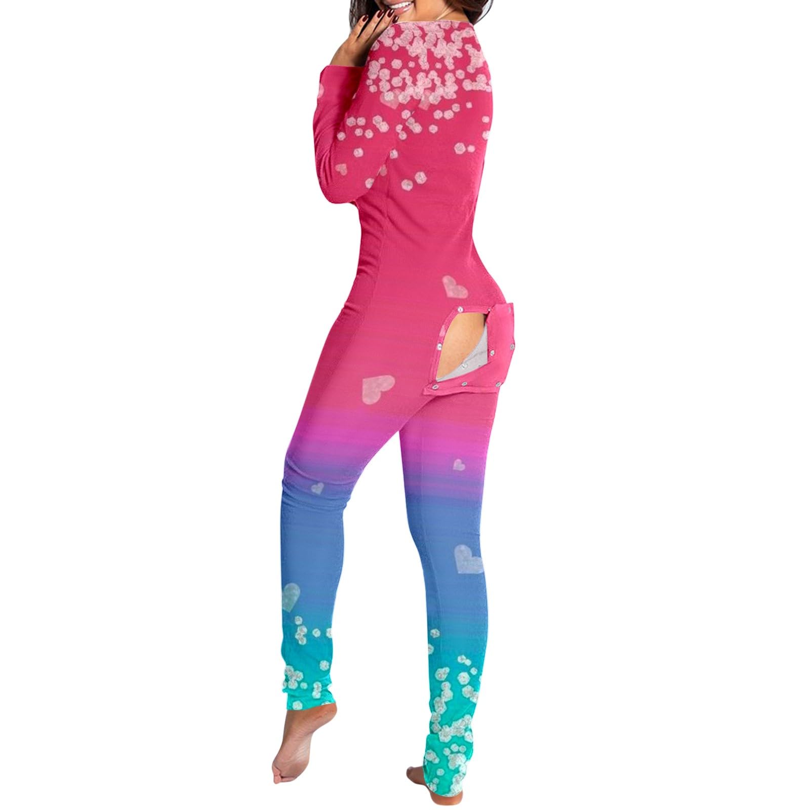 KBOPLEMQ Pyjama Une Pièce Pour Femme - En Coton - Vêtement De Nuit - Combinaison Sexy Avec Rabat Boutonné - Printemps Et Hiver - Grenouillère Avec Rabat Fessier - Manches Longues - Grenouillère