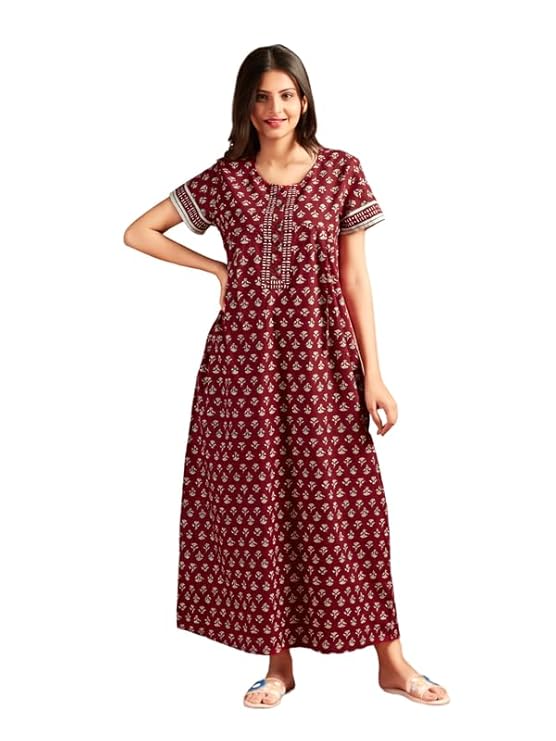 NIHSAMAH Core Style Cotton Night Gown for Women — Premium Printed Stylish Long Cotton Nighty | Comfortable & Fancy Sleepwear, Nightwear, Maxi – Maroon