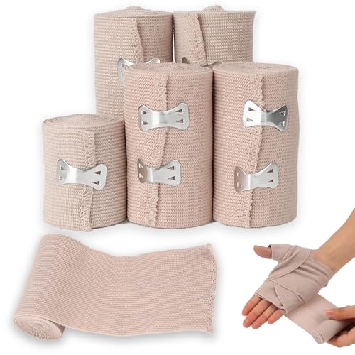 6 Piezas Venda Elástica, vendaje elástico de compresión con clips de metal, Vendas Cohesivas para Primeros Auxilios Médicos, Lesiones Deportivas, Esguinces Tobillo (5/7.5/10cm)